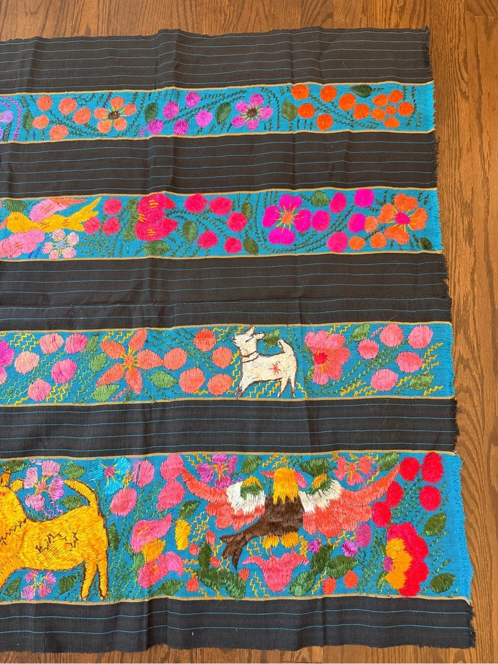 Vintage Mexican Folk Art Tapestry- Hand Embroidered Nahua Acatlán Enredo 74”x38”
